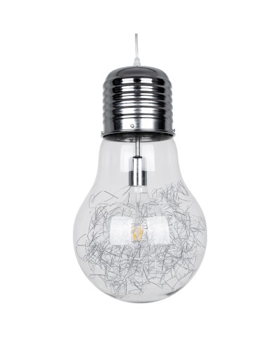 GloboStar® LAMP 01677 Μοντέρνο Κρεμαστό Φωτιστικό Φιγούρα Μονόφωτο 1 x E27 IP20 Ασημί Μέταλλο με Διάφανο Γυαλί - Μ30 x Π30 x Υ52cm