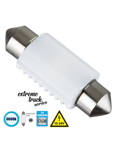 GloboStar® C5W 81333 Λάμπα Αυτοκινήτου & Φορτηγού 36mm FESTOON  3rd Generation Can-Bus Extreme Truck Series LED 2 SMD 3030 3W 450lm 120° DC 12-24V IP20 Ψυχρό Λευκό 6000K