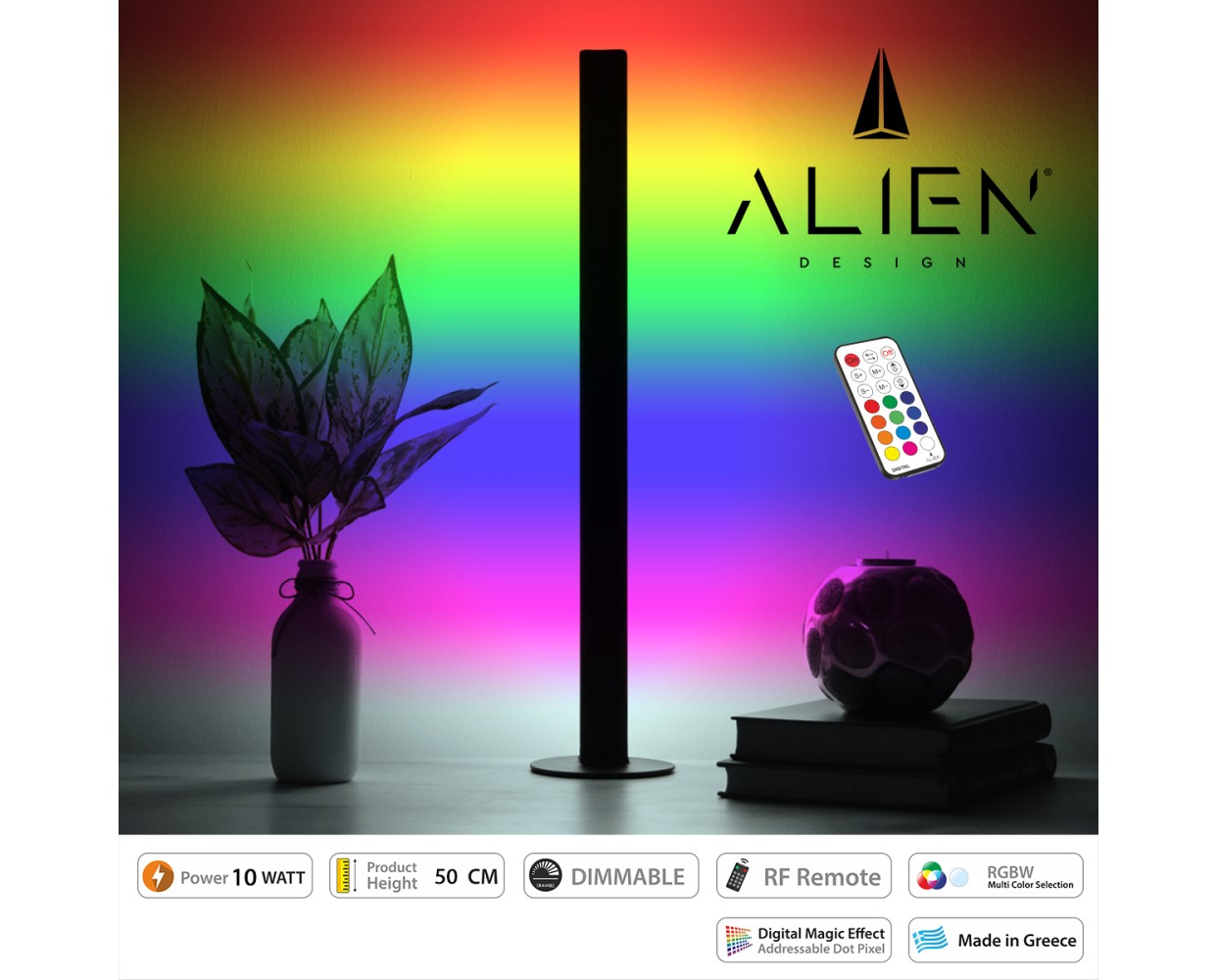 GloboStar® ALIEN-DIVA-BLACK-50-11 ALIEN Design DIVA Μοντέρνο Minimal Nordic Μεταλλικό Φωτιστικό Επιτραπέζιο - Πορτατίφ - Λαμπατέρ Μαύρο LED 10W 1500lm με Ασύρματο Χειριστήριο RF & Dimmer IP20 Πολύχρωμο RGBW Ψηφιακή με Τρεχούμενα Εφέ  Μ3 x Π1.6 x Υ50cm