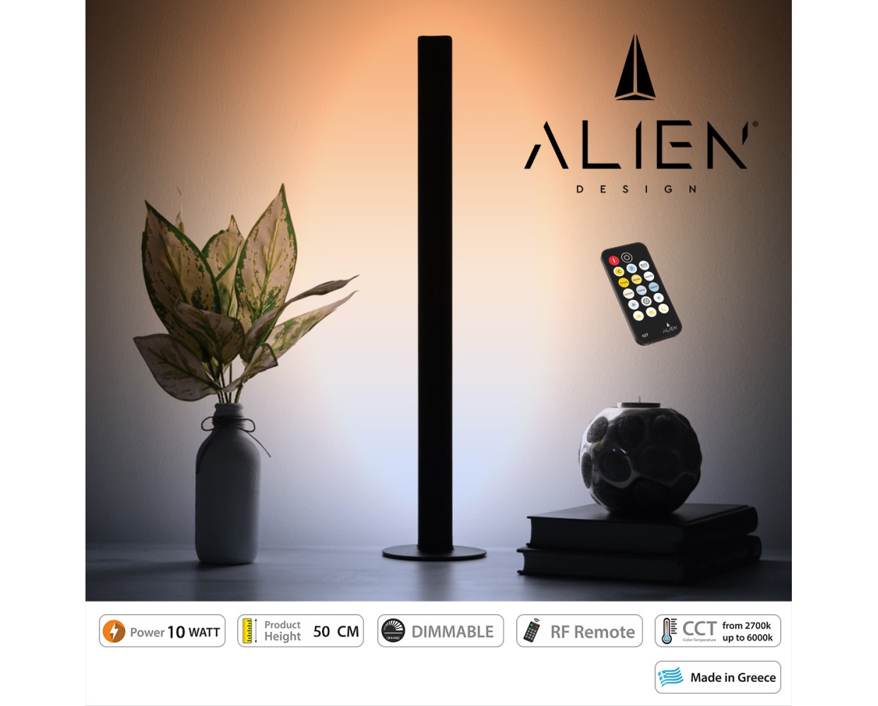 GloboStar® ALIEN-DIVA-BLACK-50-10 ALIEN Design DIVA Μοντέρνο Minimal Nordic Μεταλλικό Φωτιστικό Επιτραπέζιο - Πορτατίφ - Λαμπατέρ Μαύρο LED 10W 1500lm με Ασύρματο Χειριστήριο RF & Dimmer IP20 CCT Θερμό 2700 K έως Ψυχρό 6000K Μ3 x Π1.6 x Υ50cm