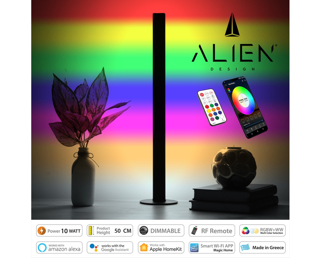 GloboStar® ALIEN-DIVA-BLACK-50-12 ALIEN Design DIVA Μοντέρνο Minimal Nordic Μεταλλικό Φωτιστικό Επιτραπέζιο - Πορτατίφ - Λαμπατέρ Μαύρο LED 10W 1500lm με Ασύρματο Χειριστήριο RF & Dimmer IP20 Πολύχρωμο RGBW + WW Smart Home Wi-Fi Μ3 x Π1.6 x Υ50cm