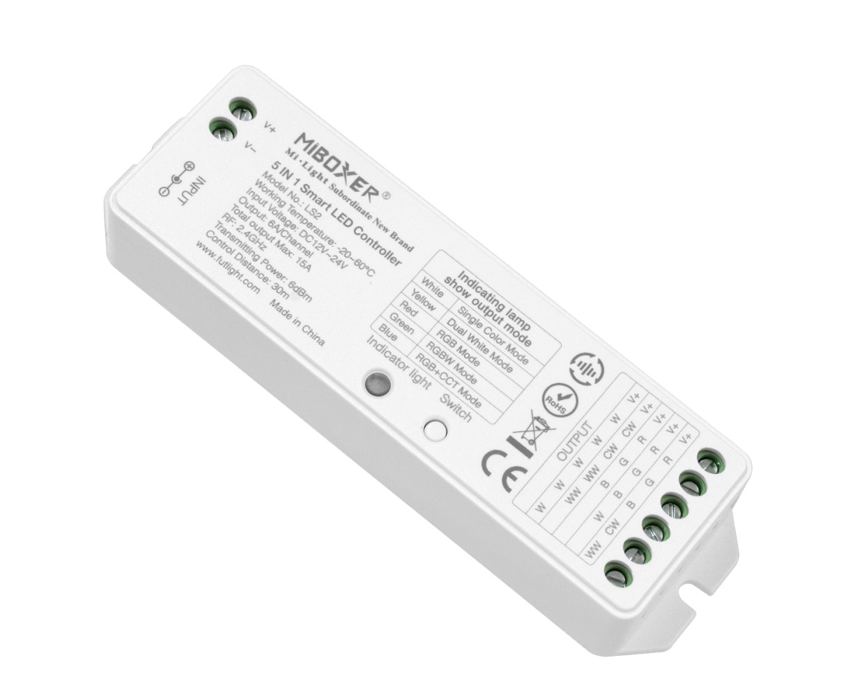 GloboStar® 73422 LS2 Mi-BOXER DC RF 2.4Ghz 5 in 1 Dimmer High Speed Controller / Dimmer 5 Καναλιών DC 12-24V 5 x 3A 72W - Max 15A 360W - IP20 RGBW+WW Μ13 x Π5 x Υ2.5cm - 5 Years Warranty