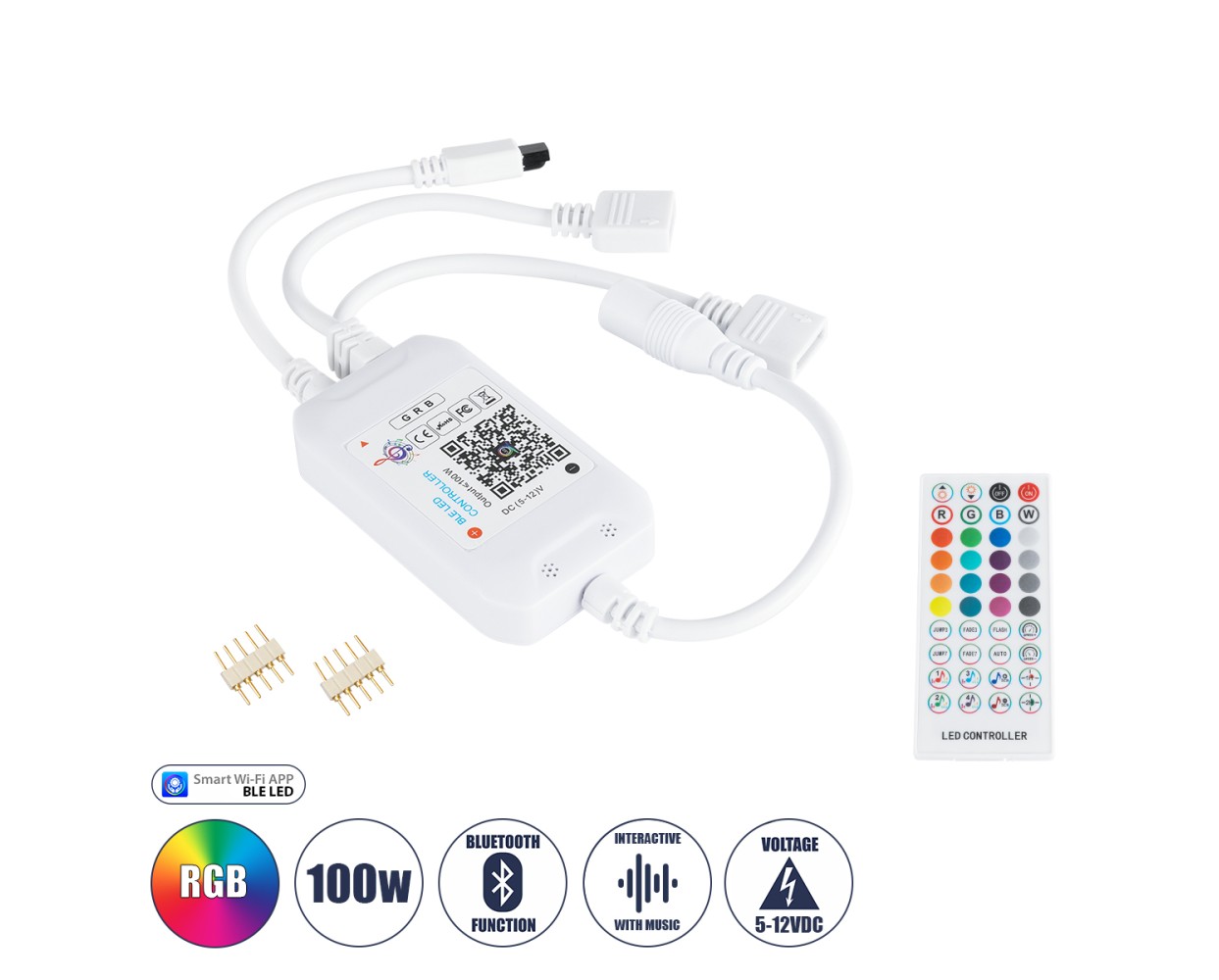 GloboStar® 73431 Ασύρματος Bluetooth LED RGB & Music Controller Sound Activated με Χειριστήριο IR & 2 Εξόδους RGB DC 5-24V Max 144W