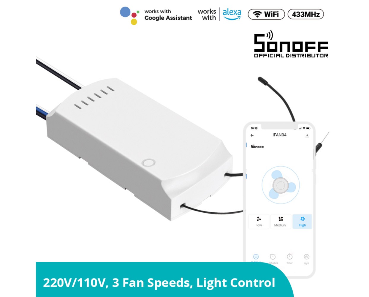 GloboStar® 80012 SONOFF iFan03-R2 - Wi-Fi Smart Switch Ceiling Fan & Light Controller