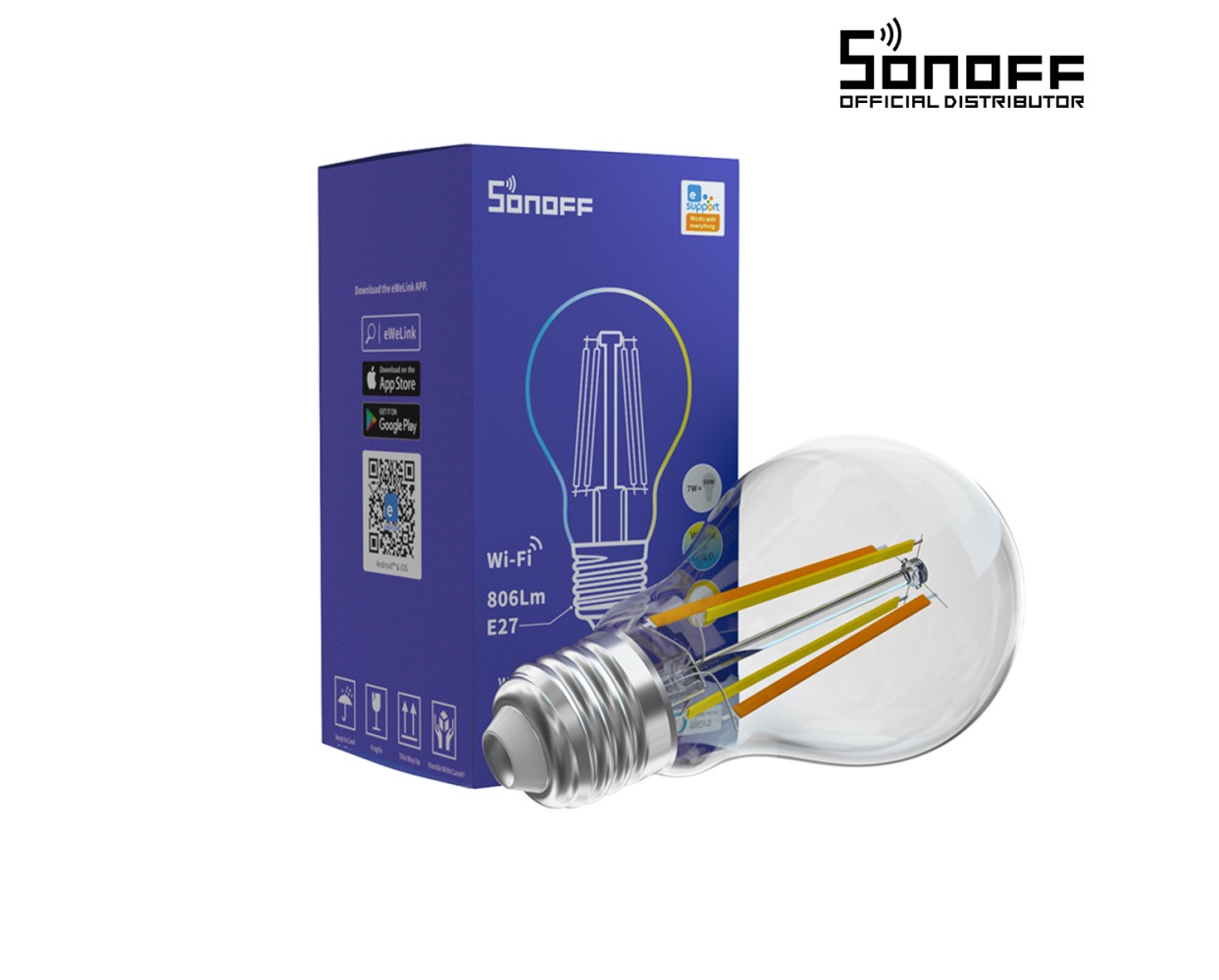 GloboStar® 80027 SONOFF B02-F-A60-R2 - Wi-Fi Smart LED Filament Bulb E27 A60 7W 806lm AC 220-240V CCT Change from 2200K to 6500K Dimmable