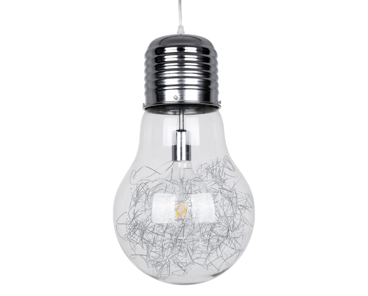 GloboStar® LAMP 01677 Μοντέρνο Κρεμαστό Φωτιστικό Φιγούρα Μονόφωτο 1 x E27 IP20 Ασημί Μέταλλο με Διάφανο Γυαλί - Μ30 x Π30 x Υ52cm