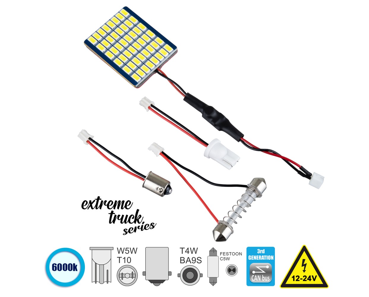 GloboStar® 81404 Λάμπα Αυτοκινήτου & Φορτηγού LED PCB PLATE - T10 - W5W - BA9S - T4W - FESTOON - C5W 3rd Generation Can-Bus Extreme Truck Series LED 48 SMD 5630 16W 2400lm 120° DC 12-24V IP20 Ψυχρό Λευκό 6000K