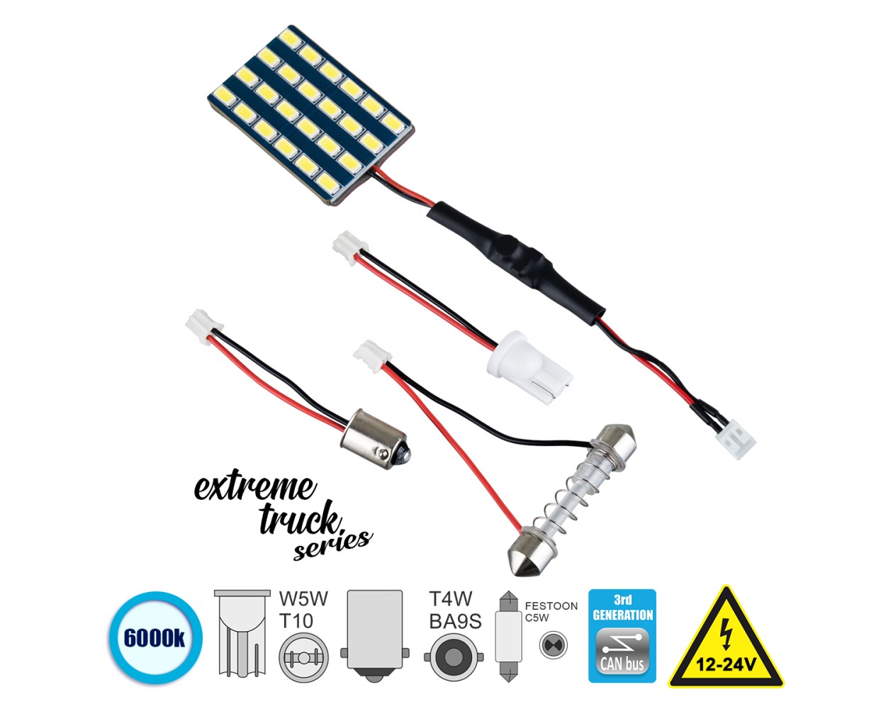 GloboStar® 81403 Λάμπα Αυτοκινήτου & Φορτηγού LED PCB PLATE - T10 - W5W - BA9S - T4W - FESTOON - C5W 3rd Generation Can-Bus Extreme Truck Series LED 24 SMD 5630 8W 1200lm 120° DC 12V IP20 Ψυχρό Λευκό 6000K