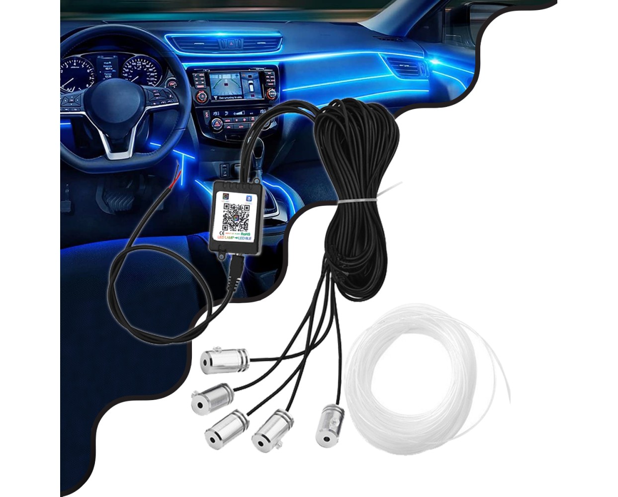 GloboStar® 81843 Car Optic Fiber LED Kit Smart Bluetooth - Φωτισμός Κιτ Οπτικής Ίνας Αυτοκινήτου DC 12V 10W με Smart Bluetooth Controller & Εφαρμογή APP Αδιάβροχο IP65 Πολύχρωμο RGB