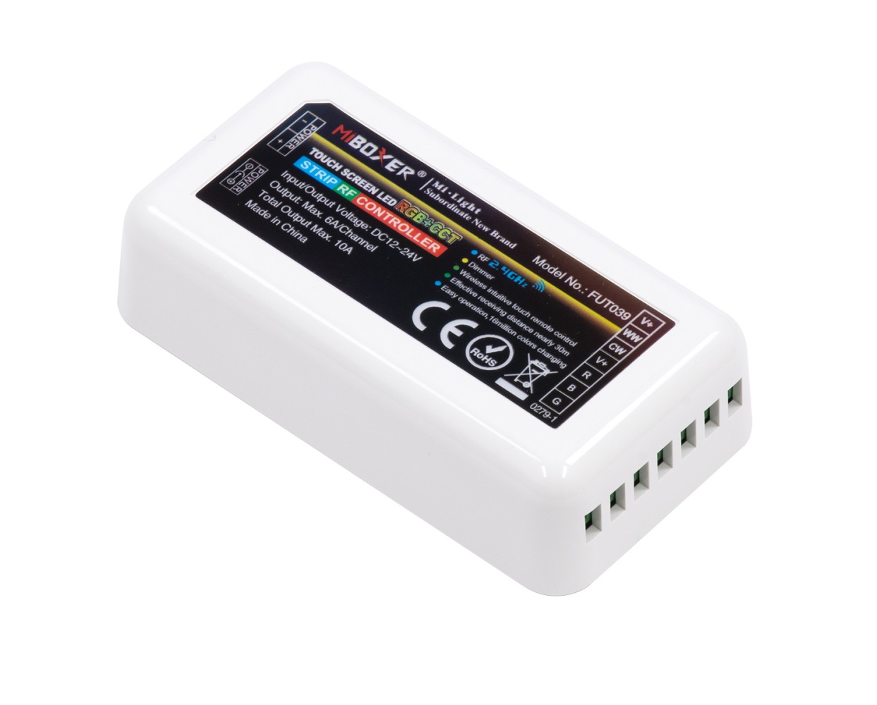 GloboStar® 73433 FUT039 Mi-BOXER DC RF 2.4Ghz 5 in 1 High Speed Controller / Dimmer 5 Καναλιών DC 12-24V 5 x 6A 144W - Max 10A 240W - IP20 RGBW+WW - Μ8.5 x Π4.5 x Υ22cm - 5 Years Warranty