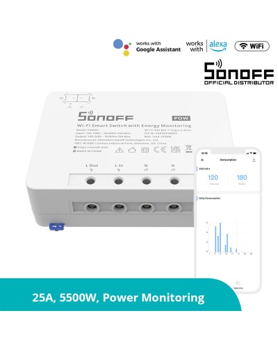 GloboStar® 80060 SONOFF POWR3 - Wi-Fi Smart High Power Switch - 25A/5500W