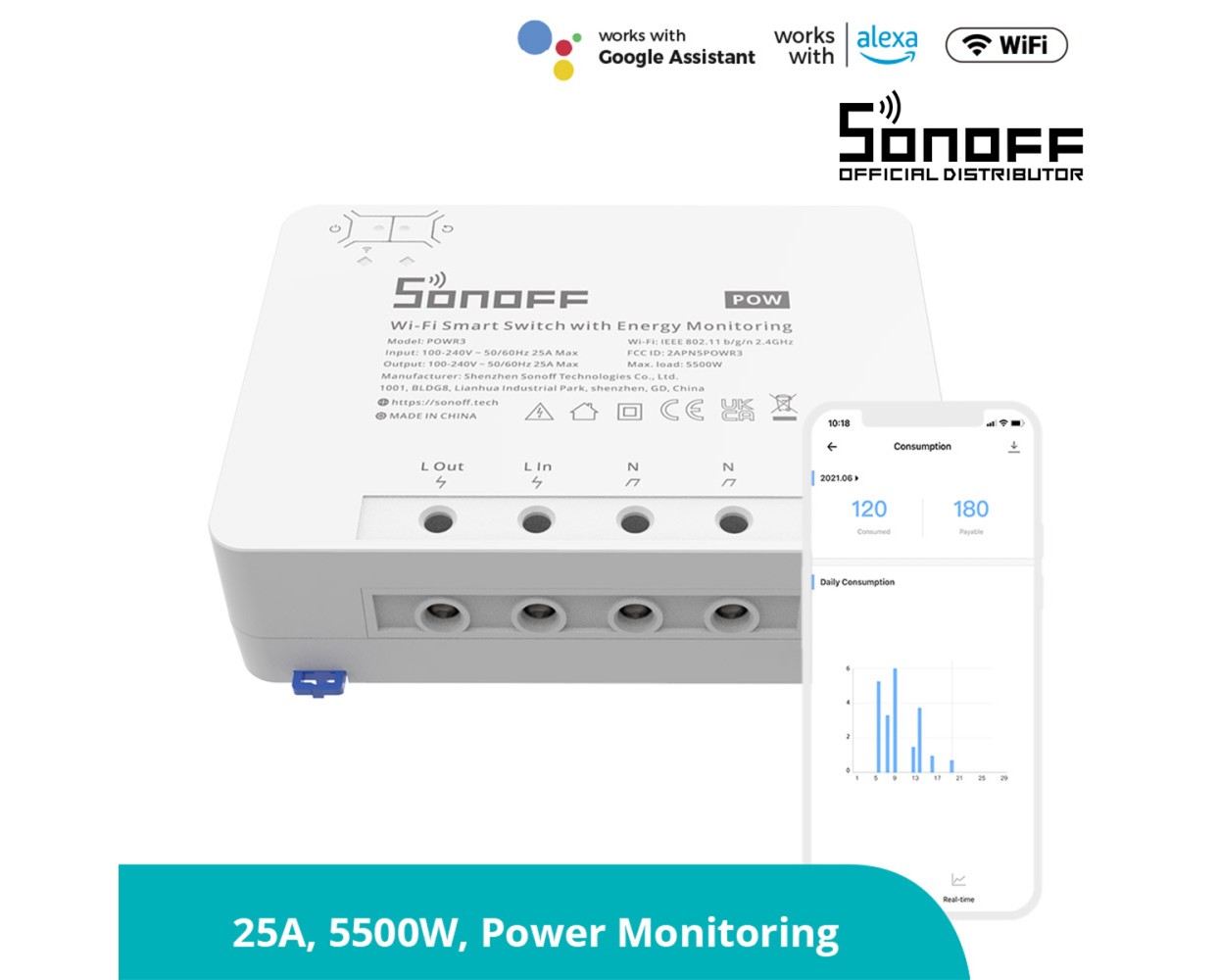 GloboStar® 80060 SONOFF POWR3 - Wi-Fi Smart High Power Switch - 25A/5500W