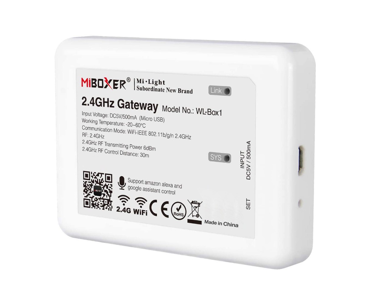 GloboStar® 73423 WL-Box1 Mi-BOXER Smart Bridge Gateway RF 2.4GHz to WiFi IEEE 802.11b/g/n DC 5V 500mA - IP20 - Μ9 x Π6.6 x Υ15cm - 5 Years Warranty