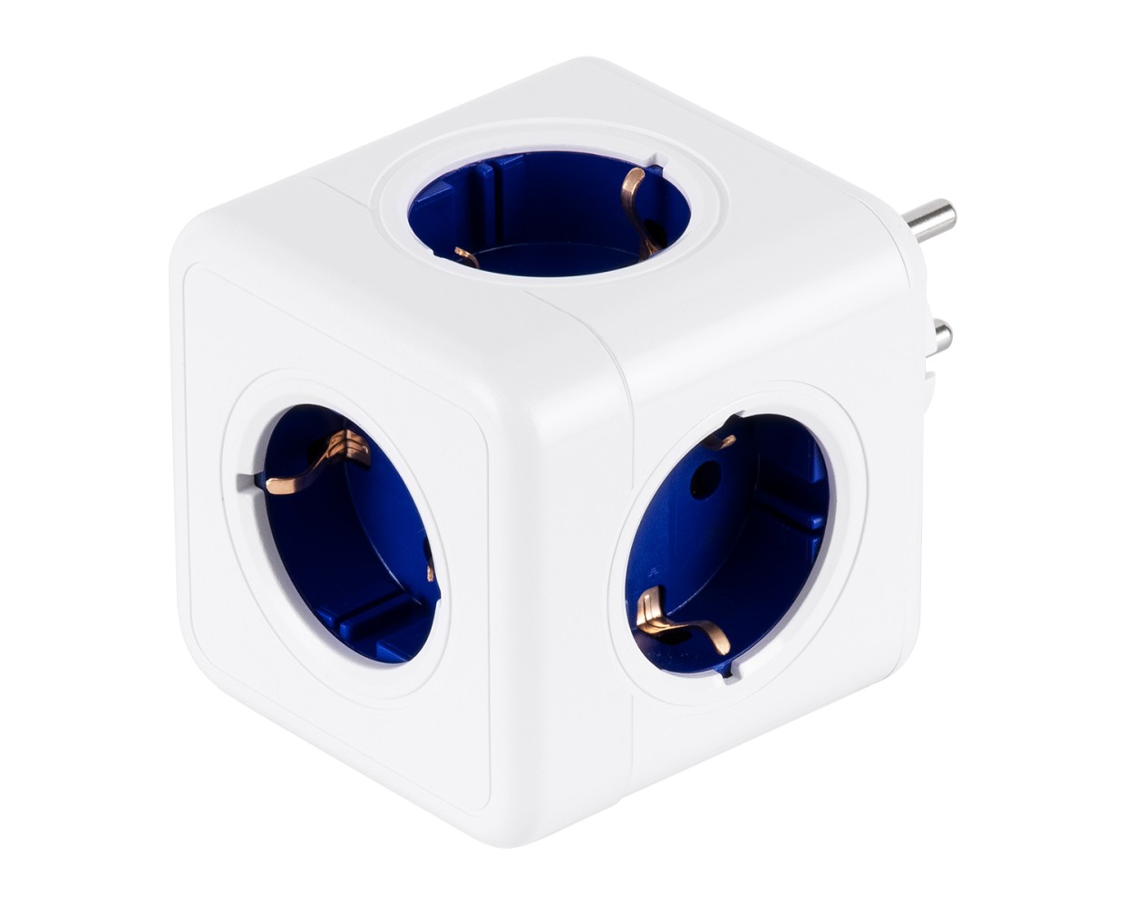 GloboStar® TRAVEL PowerCube PRO Certified 79629 Πολύπριζο 5 Θέσεων με 5 Πρίζες Ασφαλείας Childproof EU Schuko AC 220-240V Μ7.5 x Π11.5 x Υ7.5 - Λευκό με Μπλε - Max Load 3680W/16A