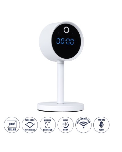 GloboStar® 86006 Rechargeable Table Camera WiFi HD 1080P 160° 1500mAh Two Way Audio Motion Detection & Digital Clock - Επαναφορτιζόμενη Επιτραπέζια Κάμερα WiFi HD 1080P 160° 1500mAh Διπλή Κατέυθυνση Ομιλίας Ανιχνευτή Κίνησης & Ψηφιακό Ρολόι - Λευκό