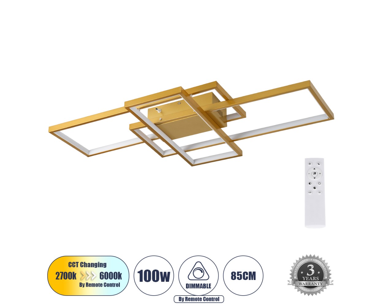 GloboStar® QUADRA 61387 Φωτιστικό Οροφής Design LED CCT 100W 12000lm 120° AC 220-240V - Εναλλαγή Φωτισμού μέσω Τηλεχειριστηρίου All In One Ψυχρό 6000k+Φυσικό 4500k+Θερμό 2700k Dimmable Μ85 x Π45 x Υ9cm - Χρυσό Βούρτσας- 3 Years Warranty
