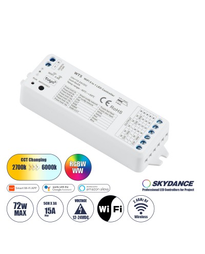 GloboStar® 73010 WT5 SKYDANCE DC WiFi & RF 2.4Ghz Dimmer High Speed Controller 5 Καναλιών DC 12-24V 5 x 3A 72W - Max 15A 360W - IP20 Μ10 x Π4 x Υ2cm - 5 Years Warranty