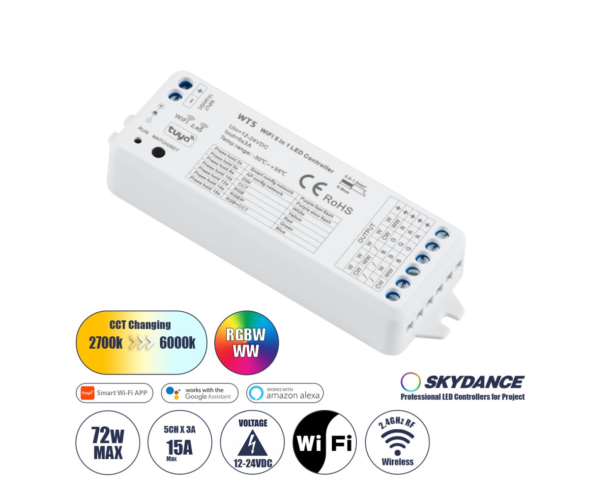 GloboStar® 73010 WT5 SKYDANCE DC WiFi & RF 2.4Ghz Dimmer High Speed Controller 5 Καναλιών DC 12-24V 5 x 3A 72W - Max 15A 360W - IP20 Μ10 x Π4 x Υ2cm - 5 Years Warranty