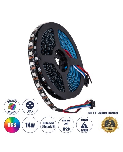 GloboStar® 90604 Digital Pixel Addressable Strip 4 PIN - Ψηφιακή Ταινία LED SMD 5050 14W/m 60LED/m 60PIXEL/m SPI/TTL Protocol IC TM1812 1152lm/m 120° DC 12V IP20 RGB - Μαύρο Σώμα - Μ5000 x Π10 x Υ2mm - Συσκευασία 5 Μέτρων - 5 Χρόνια Εγγύηση