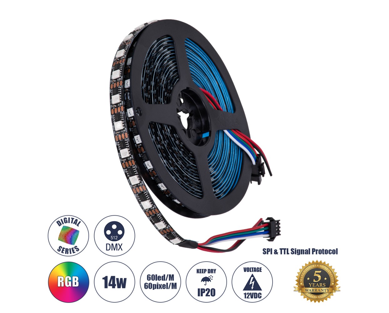 GloboStar® 90604 Digital Pixel Addressable Strip 4 PIN - Ψηφιακή Ταινία LED SMD 5050 14W/m 60LED/m 60PIXEL/m SPI/TTL Protocol IC TM1812 1152lm/m 120° DC 12V IP20 RGB - Μαύρο Σώμα - Μ5000 x Π10 x Υ2mm - Συσκευασία 5 Μέτρων - 5 Χρόνια Εγγύηση