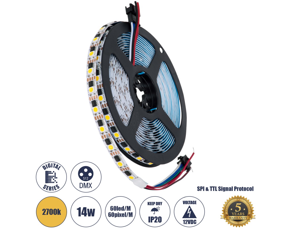 GloboStar® 90603 Digital Pixel Addressable Strip 4 PIN - Ψηφιακή Ταινία LED SMD 5050 14W/m 60LED/m 60PIXEL/m SPI/TTL Protocol IC TM1908 1296lm/m 120° DC 12V IP20 Θερμό Λευκό 2700K - Λευκό Σώμα - Μ5000 x Π10 x Υ2mm - Συσκευασία 5 Μέτρων - 5 Χρόνια Εγγύηση