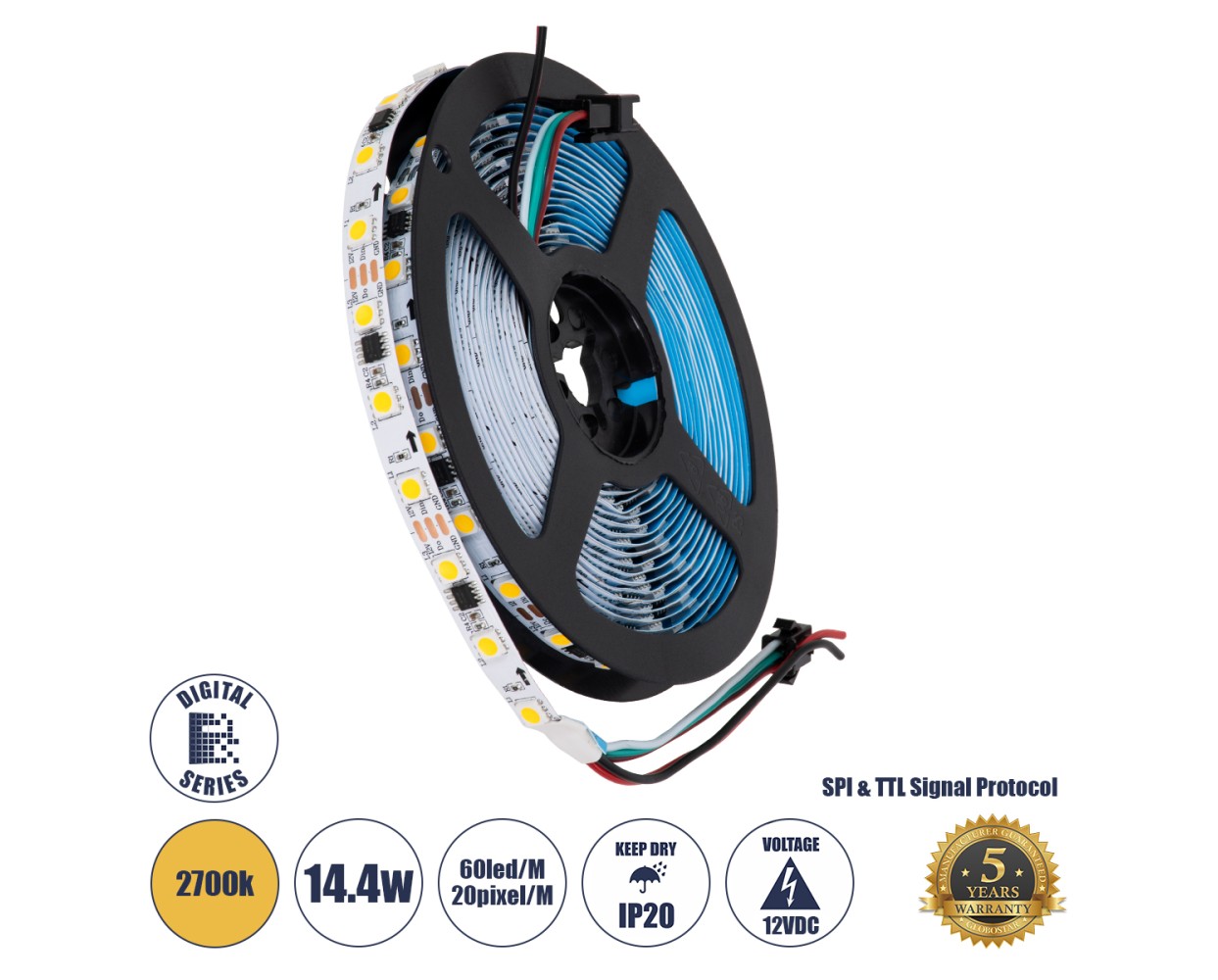 GloboStar® 90588 Digital Pixel Addressable Strip 3 PIN - Ψηφιακή Ταινία LED SMD 5050 14.4W/m 60LED/m 20PIXEL/m SPI/TTL Protocol IC WS2811/UCS16703 1296lm/m 120° DC 12V IP20 Θερμό Λευκό 2700K - Λευκό Σώμα - Μ5000 x Π10 x Υ2mm - Συσκευασία 5 Μέτρων - 5 Χρόνια Εγγύηση