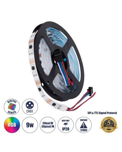 GloboStar® 90599 Digital Pixel Addressable Strip 4 PIN - Ψηφιακή Ταινία LED SMD 5050 9W/m 30LED/m 30PIXEL/m SPI/TTL Protocol IC TM1908 720lm/m 120° DC 12V IP20 RGB - Λευκό Σώμα - Μ5000 x Π10 x Υ2mm - Συσκευασία 5 Μέτρων - 5 Χρόνια Εγγύηση