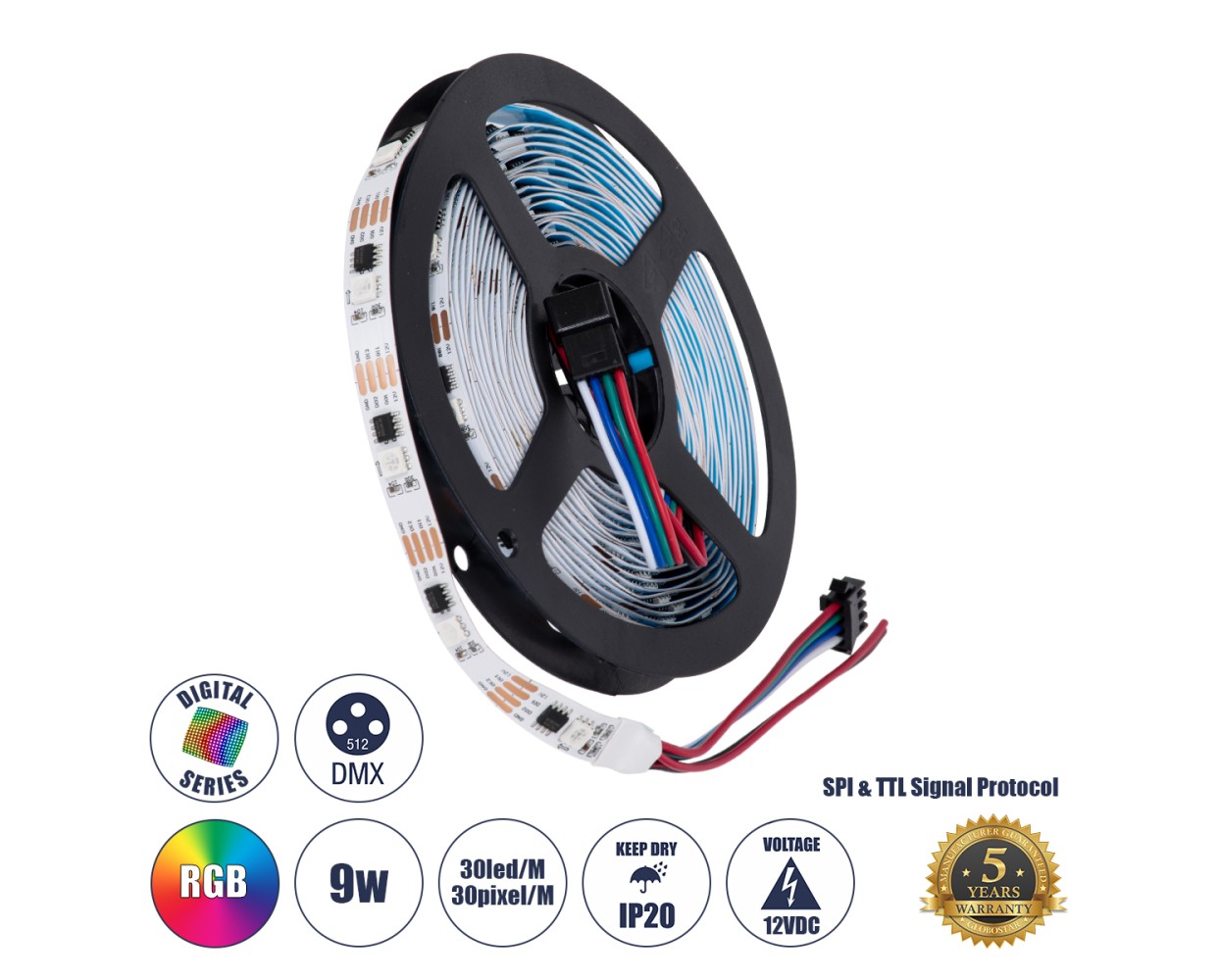 GloboStar® 90599 Digital Pixel Addressable Strip 4 PIN - Ψηφιακή Ταινία LED SMD 5050 9W/m 30LED/m 30PIXEL/m SPI/TTL Protocol IC TM1908 720lm/m 120° DC 12V IP20 RGB - Λευκό Σώμα - Μ5000 x Π10 x Υ2mm - Συσκευασία 5 Μέτρων - 5 Χρόνια Εγγύηση