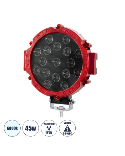 GloboStar® 85422 Vehicle & Forklift Work Lights - Φώτα Εργασίας για Οχήματα Περονοφόρα - Κλάρκ LED 45W DC 9-80V Αδιάβροχο IP67 Μαύρο Κόκκινο Μ20 x Π18 x Υ5cm