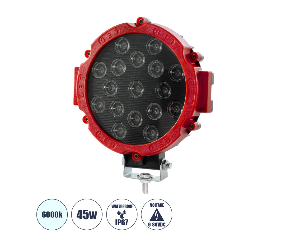 GloboStar® 85422 Vehicle & Forklift Work Lights - Φώτα Εργασίας για Οχήματα Περονοφόρα - Κλάρκ LED 45W DC 9-80V Αδιάβροχο IP67 Μαύρο Κόκκινο Μ20 x Π18 x Υ5cm