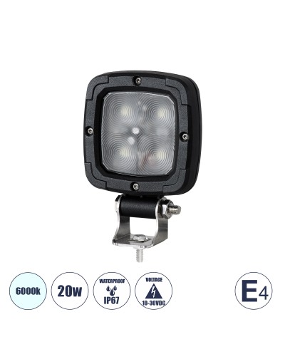 GloboStar® 85427 E4 Mark Vehicle & Forklift Work Lights - Φώτα Εργασίας για Οχήματα Περονοφόρα - Κλάρκ LED 20W DC 10-30V Αδιάβροχο IP67 Ψυχρό Λευκό 6000K Μ14 x Π9.5 x Υ3cm