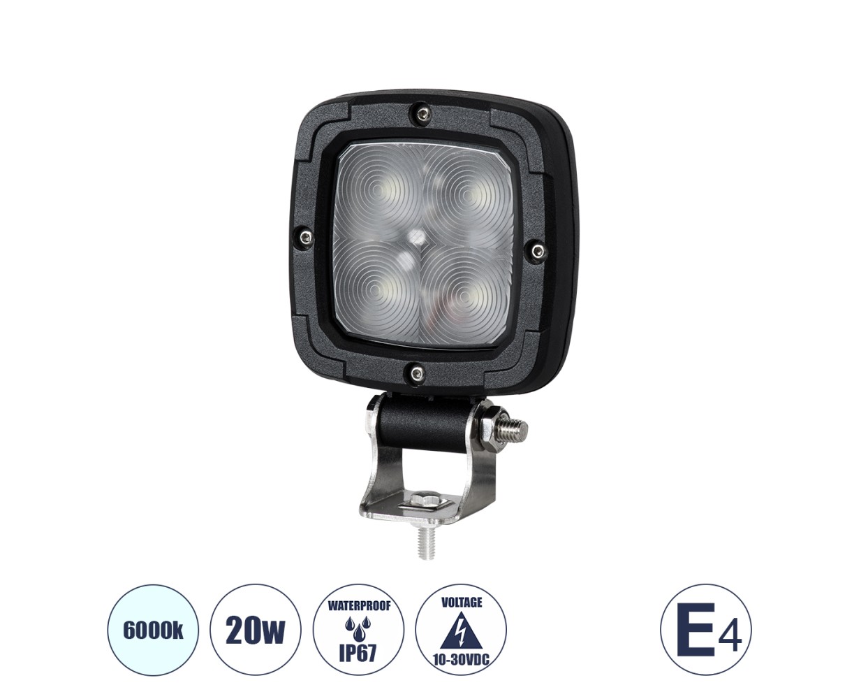 GloboStar® 85427 E4 Mark Vehicle & Forklift Work Lights - Φώτα Εργασίας για Οχήματα Περονοφόρα - Κλάρκ LED 20W DC 10-30V Αδιάβροχο IP67 Ψυχρό Λευκό 6000K Μ14 x Π9.5 x Υ3cm