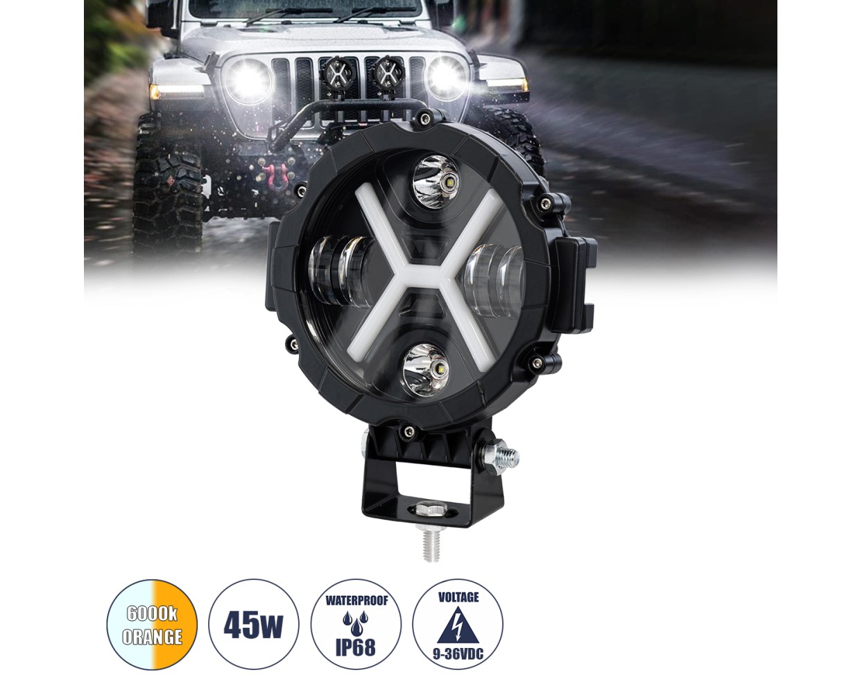 GloboStar® 85416 Vehicle & JEEP Work Lights - Φώτα Εργασίας για Οχήματα και JEEP με X Light DRL & Φλας LED High Power 45W 4500lm DC 9-36V Αδιάβροχo IP68 Πορτοκαλί & Ψυχρό Λευκό 6000K M17.5 x Π8.5 x Υ20cm