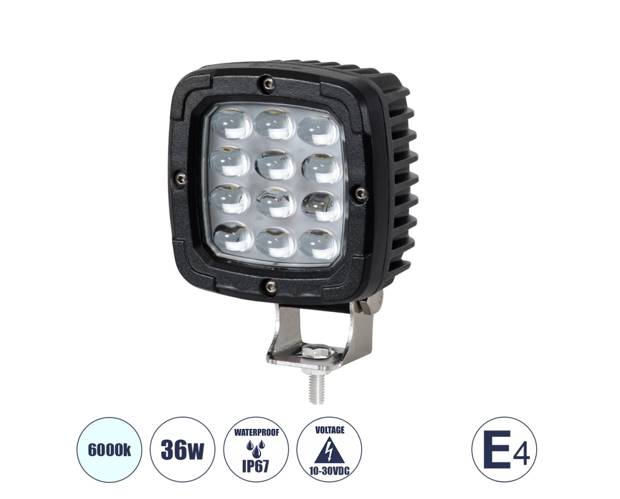 GloboStar® 85428 E4 Mark Vehicle & Forklift Work Lights - Φώτα Εργασίας για Οχήματα Περονοφόρα - Κλάρκ LED 36W DC 10-30V Αδιάβροχο IP67 Ψυχρό Λευκό 6000K Μ12.5 x Π9.5 x Υ6.5cm