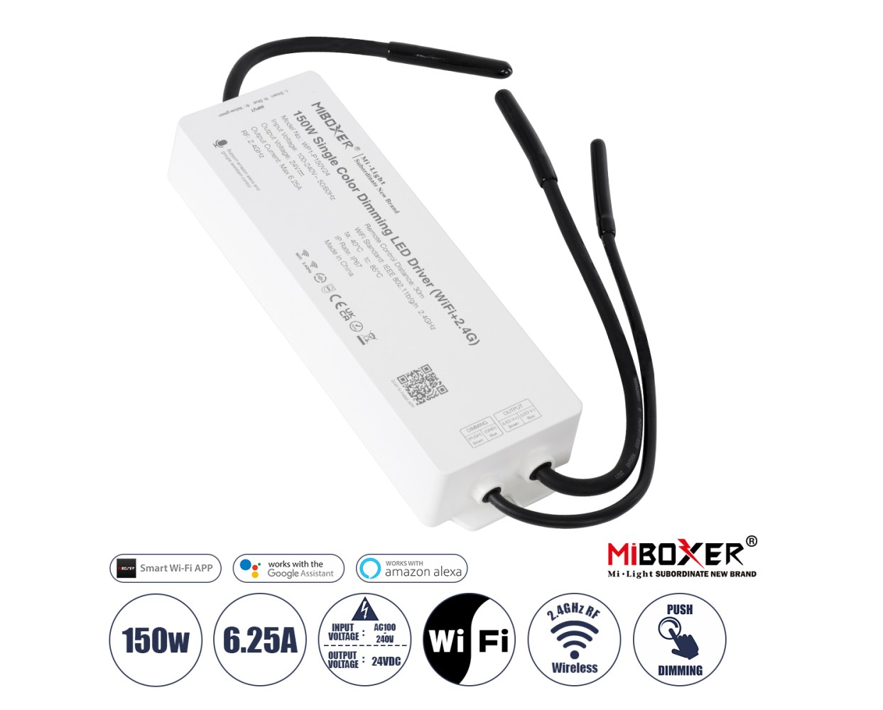 GloboStar® 71438 WP1-P150V24 Mi-BOXER DC Smart Wifi & RF 2.4Ghz & Push Dimming Power Supply Τροφοδοτικό SELV & Controller / Dimmer All in One AC100-240V σε DC 24V 1 x 6.25A 150W - Max 6.25A 150W - Αδιάβροχο IP67 Μ22.5 x Π7 x Υ3.5cm - 3 Years Warranty