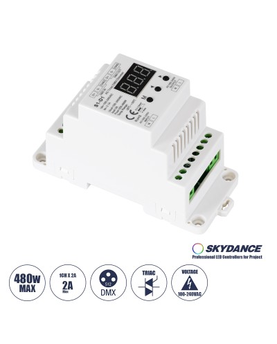 GloboStar® 70672 S1-D1 SKYDANCE AC Triac DMX Dimmer Din Rail Ράγας 1 Καναλιού AC 100-240V 1 x 2A 480W - Max 2A 480W - IP20 DMX512 Μ11.5 x Π5 x Υ6.5cm - 5 Years Warranty