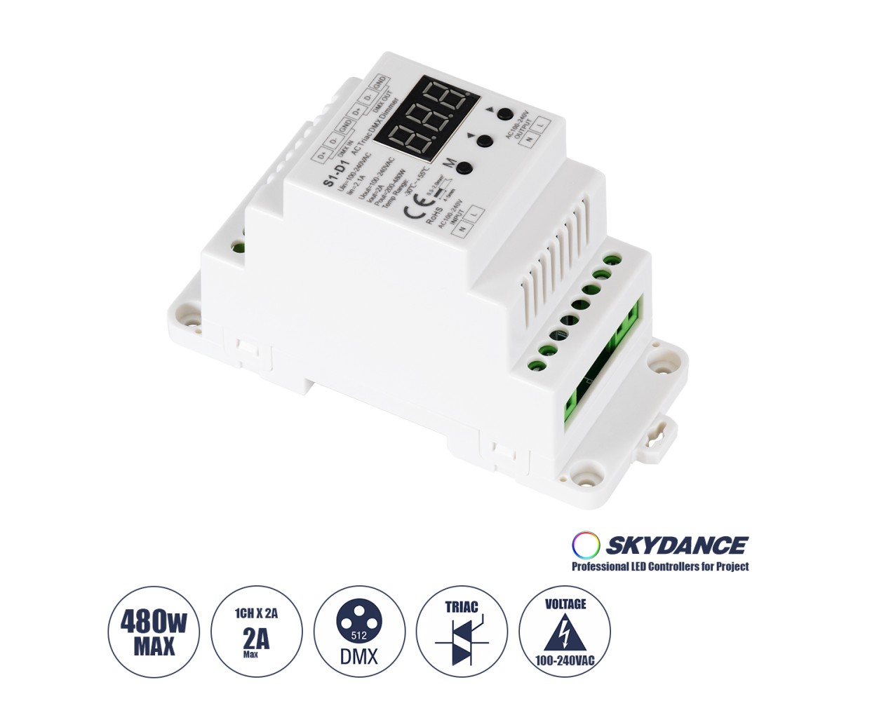 GloboStar® 70672 S1-D1 SKYDANCE AC Triac DMX Dimmer Din Rail Ράγας 1 Καναλιού AC 100-240V 1 x 2A 480W - Max 2A 480W - IP20 DMX512 Μ11.5 x Π5 x Υ6.5cm - 5 Years Warranty