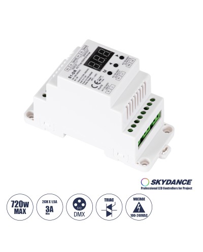 GloboStar® 70670 S1-DR SKYDANCE AC Triac DMX Dimmer Din Rail Ράγας 2 Καναλιών AC 100-240V 2 x 1.5A 360W - Max 3A 720W - IP20 DMX512 Μ11.5 x Π5 x Υ6.5cm - 5 Years Warranty