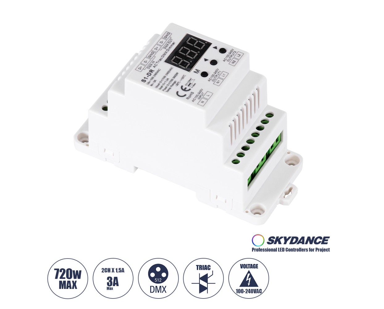 GloboStar® 70670 S1-DR SKYDANCE AC Triac DMX Dimmer Din Rail Ράγας 2 Καναλιών AC 100-240V 2 x 1.5A 360W - Max 3A 720W - IP20 DMX512 Μ11.5 x Π5 x Υ6.5cm - 5 Years Warranty