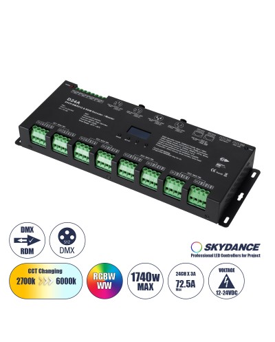 GloboStar® 70673 D24A SKYDANCE DC DMX & RDM Dimmer High Speed Controller / Decoder / Master 24 Καναλιών DC 12-24V 24 x 3A 72W - Max 72.5A 1740W - IP20 DMX512 Μ16.7 x Π5 x Υ2.4cm - 5 Years Warranty