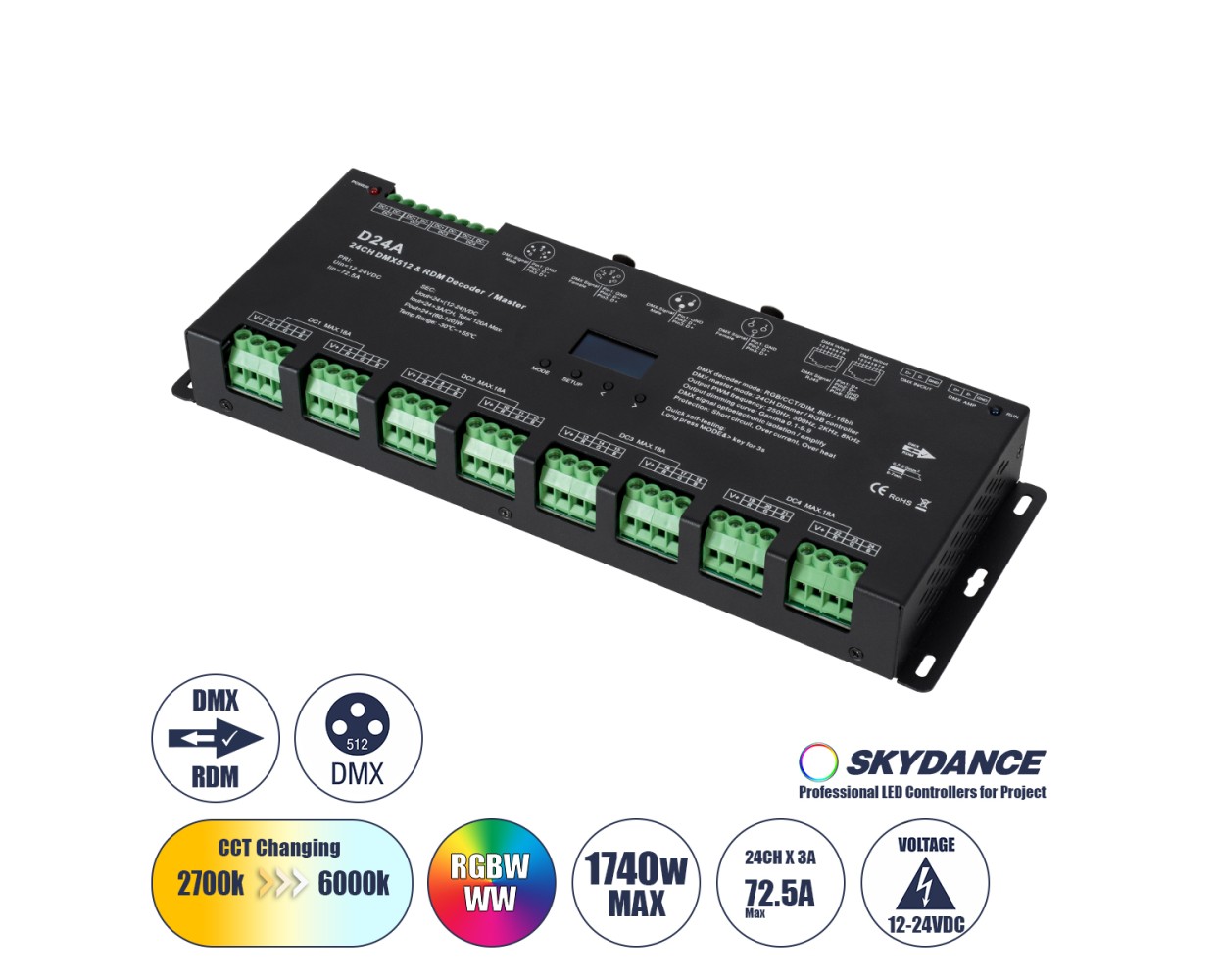 GloboStar® 70673 D24A SKYDANCE DC DMX & RDM Dimmer High Speed Controller / Decoder / Master 24 Καναλιών DC 12-24V 24 x 3A 72W - Max 72.5A 1740W - IP20 DMX512 Μ16.7 x Π5 x Υ2.4cm - 5 Years Warranty