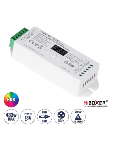 GloboStar® 71425 D3-CX Mi-BOXER DC DMX & RDM Dimmer High Speed Controller / Decoder 3 Καναλιών DC 12-24V 3 x 6A 144W - Max 18A 432W - IP20 Μ13 x Π5 x Υ2.5cm - 5 Years Warranty