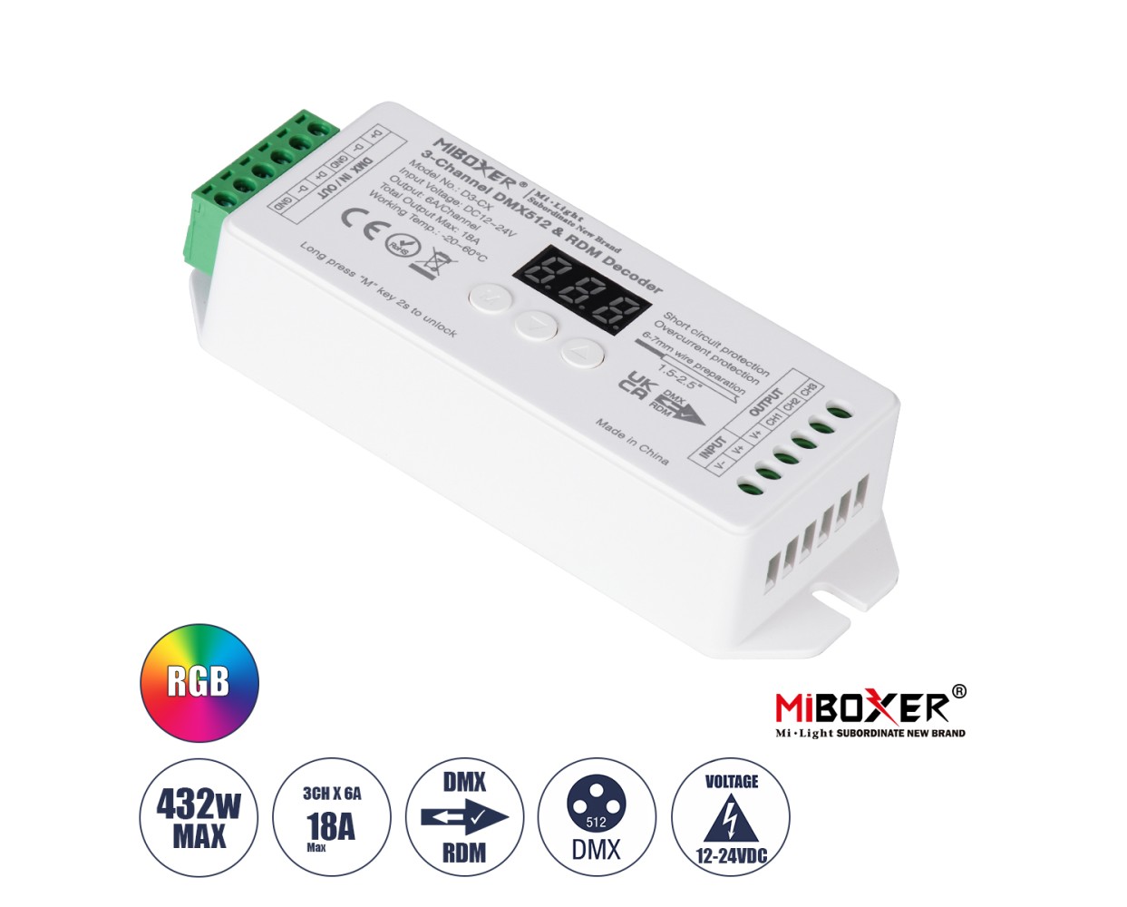 GloboStar® 71425 D3-CX Mi-BOXER DC DMX & RDM Dimmer High Speed Controller / Decoder 3 Καναλιών DC 12-24V 3 x 6A 144W - Max 18A 432W - IP20 Μ13 x Π5 x Υ2.5cm - 5 Years Warranty