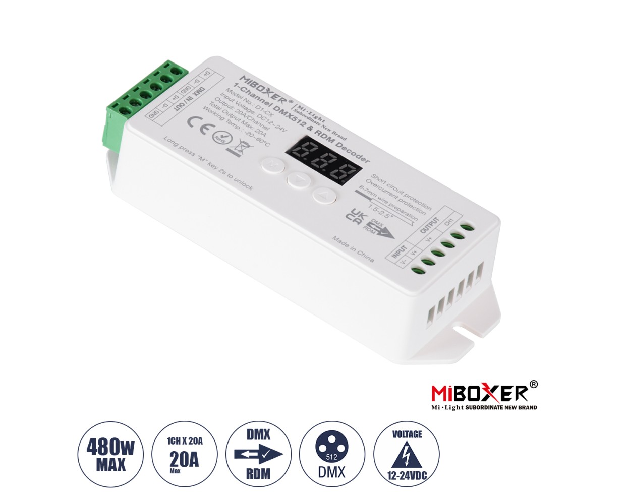 GloboStar® 71424 D1-CX Mi-BOXER DC DMX & RDM Dimmer High Speed Controller / Decoder 1 Καναλιού DC 12-24V 1 x 20A 480W - Max 20A 480W - IP20 Μ13 x Π5 x Υ2.5cm - 5 Years Warranty