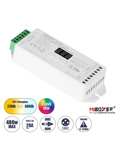 GloboStar® 71426 D5-CX Mi-BOXER DC DMX & RDM Dimmer High Speed Controller / Decoder 5 Καναλιών DC 12-24V 5 x 4A 96W - Max 20A 480W - IP20 Μ13 x Π5 x Υ2.5cm - 5 Years Warranty