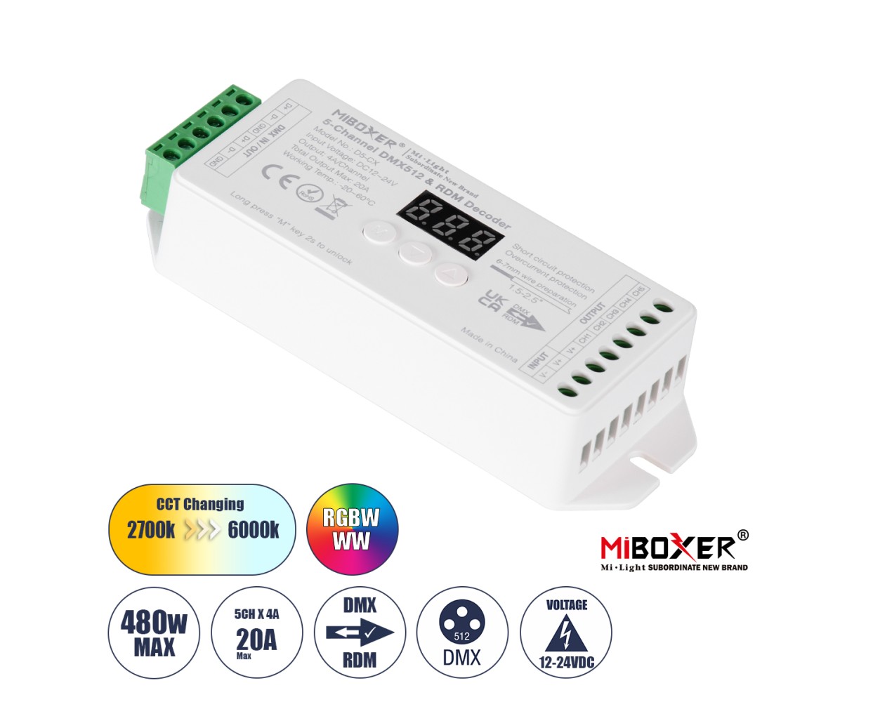 GloboStar® 71426 D5-CX Mi-BOXER DC DMX & RDM Dimmer High Speed Controller / Decoder 5 Καναλιών DC 12-24V 5 x 4A 96W - Max 20A 480W - IP20 Μ13 x Π5 x Υ2.5cm - 5 Years Warranty