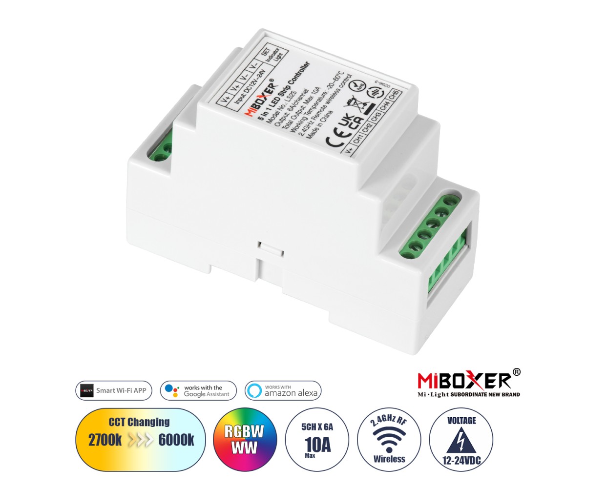 GloboStar® 71415 LS2S Mi-BOXER DC WiFi & RF 2.4Ghz Dimmer High Speed Controller 5 Καναλιών DC 12-24V 5 x 6A 144W - Max 10A 240W - IP20 RGBW+WW - Din Rail Ράγας - Μ9 x Π3.4 x Υ6cm - 5 Years Warranty