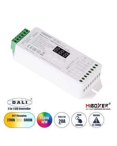 GloboStar® 71423 DL-X Mi-BOXER DC DALI & Push Dimming 5 in 1 High Speed Controller / Dimmer 5 Καναλιών DC 12-24V 5 x 6A 144W - Max 20A 480W - IP20 RGBW+WW Μ13 x Π5 x Υ2.5cm - 5 Years Warranty