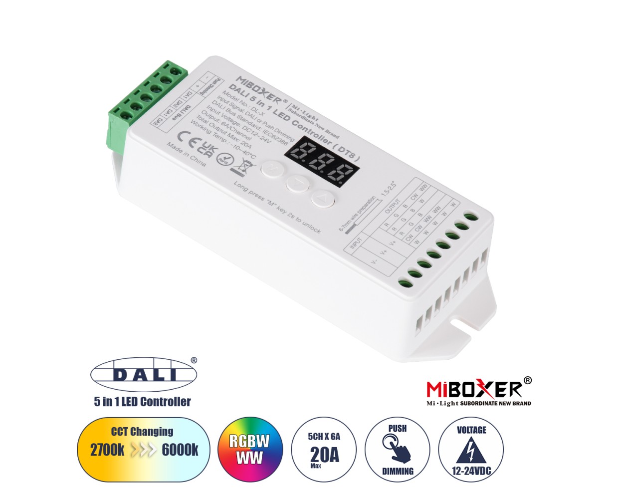 GloboStar® 71423 DL-X Mi-BOXER DC DALI & Push Dimming 5 in 1 High Speed Controller / Dimmer 5 Καναλιών DC 12-24V 5 x 6A 144W - Max 20A 480W - IP20 RGBW+WW Μ13 x Π5 x Υ2.5cm - 5 Years Warranty