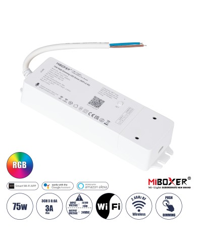 GloboStar® 71439 WL3-P75V24 Mi-BOXER DC Smart Wifi & RF 2.4Ghz & Push Dimming Power Supply Τροφοδοτικό SELV & Controller / Dimmer All in One 3 Καναλιών AC100-240V σε DC 24V 3 x 0.6A 14.4W - Max 3A 75W - IP20 RGB Μ19 x Π5.5 x Υ3.2cm - 5 Years Warranty